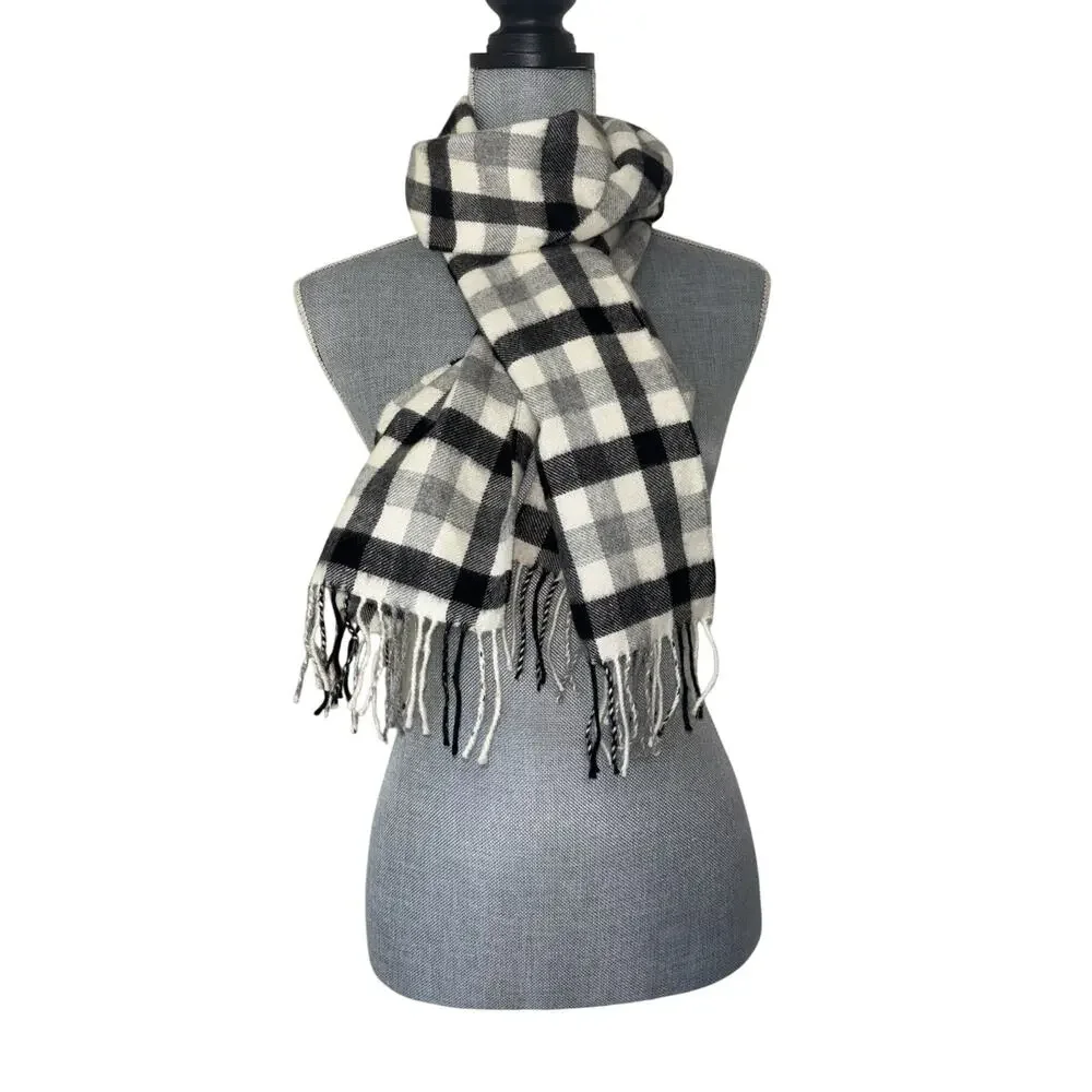 Peruvian Link 100% Baby Alpaca Gray White Plaid Fringe Scarf
